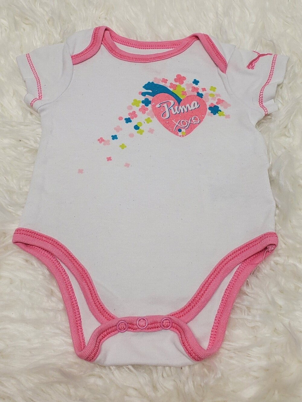 Puma White and Pink Heart Floral Baby One-Piece 2000s y2k girly puma onsie xoxo
